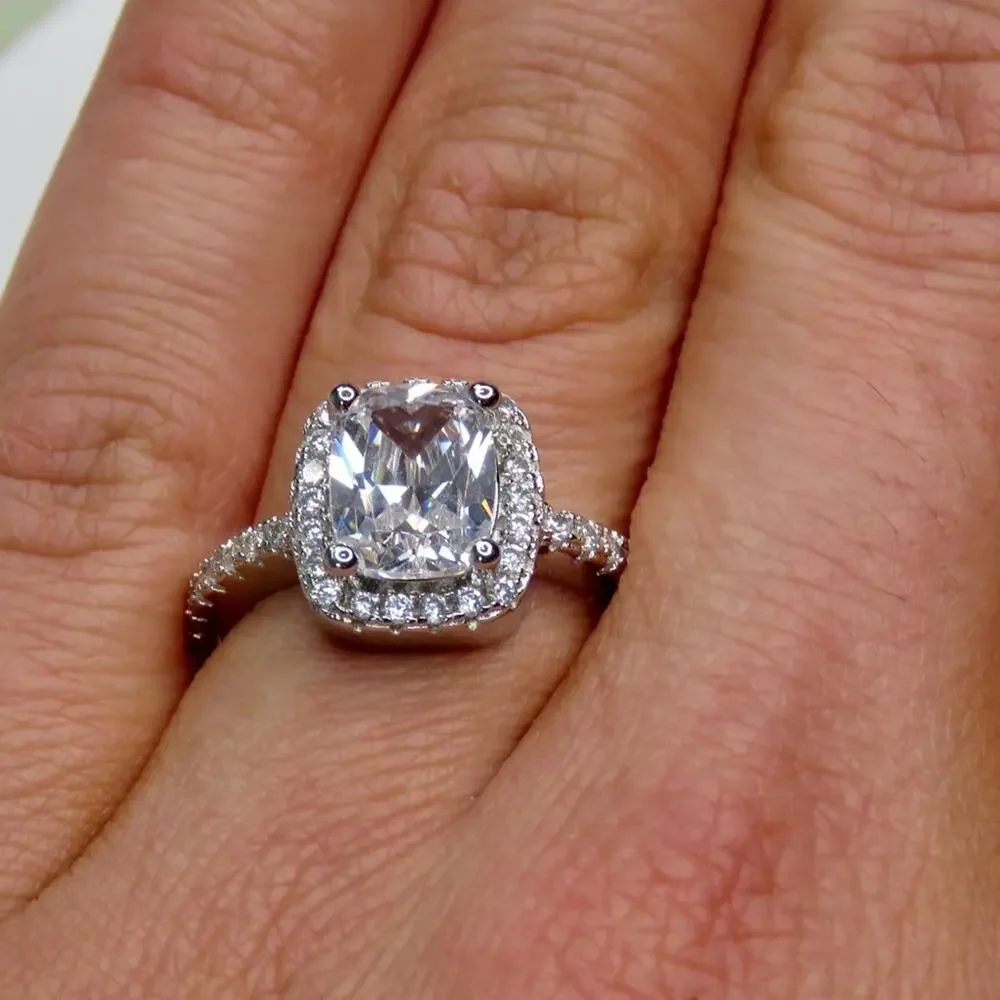Macy's Square Cut Sterling Silver Moissanite Diamond Halo Ring S925 Size 7